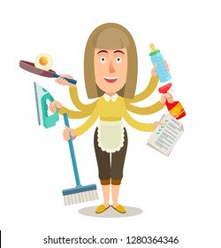 Woman With Many Hands And Home Tasks. Housework Concept. Busy Mom,
Multitasking, Juggling. Cool Vector Flat Illustration.