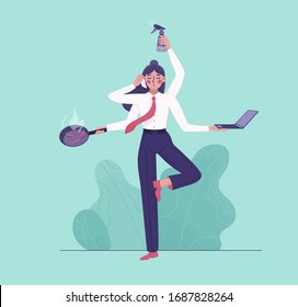 Woman with many hands. Lakshmi goddess. Busy woman who does everything. Businesswoman and housewife. Vector flat style illustration isolated. Super mom working with very busy business and housework.