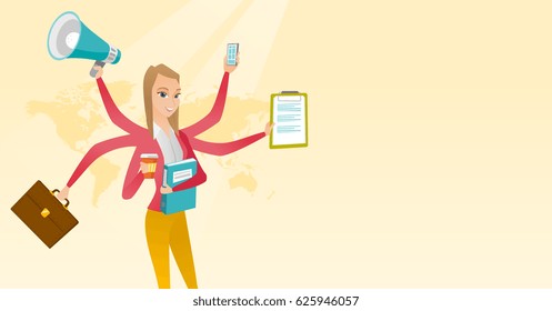 Woman with many legs and hands coping with multitasking. Business woman doing multiple tasks. Multitasking business woman. Multitasking concept. Vector flat design illustration. Horizontal layout.