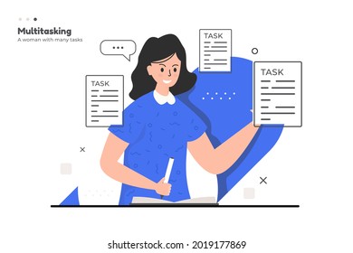 Una mujer con muchas tareas o concepto de ilustración multitarea de la mujer