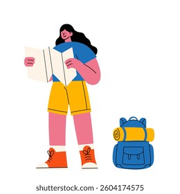 Woman with map. Flat vector illustration of a young woman in hiking outfit holding a map, standing next to a backpack. Perfect for travel, adventure, tourism, navigation, outdoor exploration concepts.
