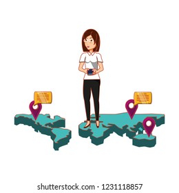 woman in map with smartphone and set icons