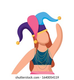 Woman with Mardi Gras hat design. Party carnival decoration celebration festival holiday fun New Orleans and traditional theme. Vector illustration.