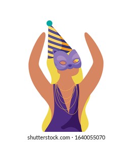 Woman with Mardi Gras hat and mask design. Party carnival decoration celebration festival holiday fun New Orleans and traditional theme. Vector illustration.