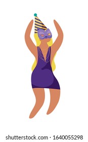 Woman with Mardi Gras hat and mask design. Party carnival decoration celebration festival holiday fun New Orleans and traditional theme. Vector illustration.