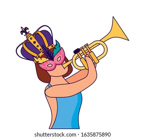 Woman with mardi gras mask crown and trumpet design, Party carnival decoration celebration festival holiday fun new orleans and traditional theme Vector illustration