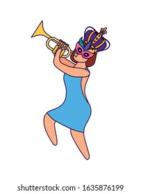 Woman with mardi gras mask crown and trumpet design, Party carnival decoration celebration festival holiday fun new orleans and traditional theme Vector illustration