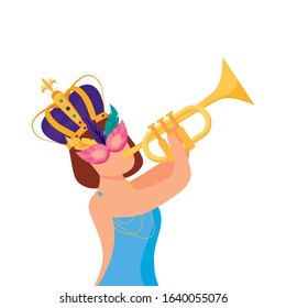 Woman with Mardi Gras mask crown and trumpet design. Party carnival decoration celebration festival holiday fun New Orleans and traditional theme. Vector illustration.