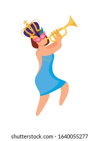 Woman with Mardi Gras mask crown and trumpet design. Party carnival decoration celebration festival holiday fun New Orleans and traditional theme. Vector illustration.
