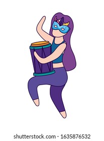 Woman with mardi gras mask and drum design, Party carnival decoration celebration festival holiday fun new orleans and traditional theme Vector illustration