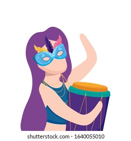 Woman with Mardi Gras mask and drum design. Party carnival decoration celebration festival holiday fun New Orleans and traditional theme. Vector illustration.