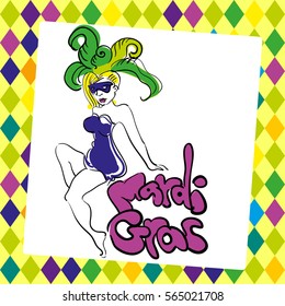 A Woman With Mardi Gras mask with a plume. Postcard.