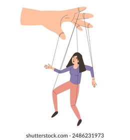 Woman as marionette in abuser hand vector isolated. Manipulation, control and power. Puppet on strings, concept of abuse in relationship. Unhappy female character.