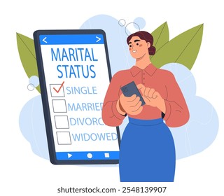 Woman with marital status. Unmarried young girl near smartphone chooses her married status. Single, married, divorced or widowed. Flat vector illustration isolated on white background