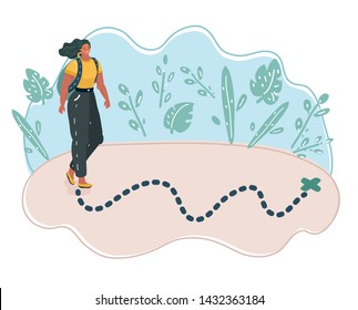 Woman and mark on map. New address. Vector cartoon illustration