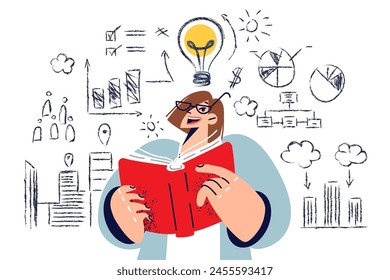 Woman marketing specialist reads book with ideas for promotions, standing among graphs and drawings. Girl studying textbook on marketing, wanting to become professional and work in ads industry