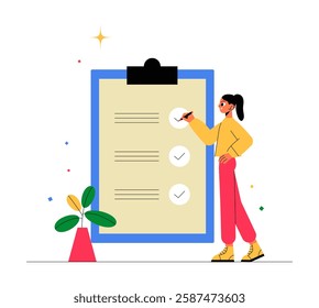 Woman Marking Checklist In Flat Vector Illustration Symbolizing Productivity, Task Management, And Goal Completion, Isolated On White Background