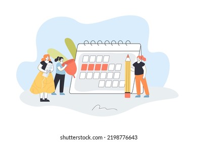 Woman marking days of menstruation on calendar. Tiny female characters holding pencil, tampon and menstrual cup flat vector illustration. Health concept for banner, website design or landing web page