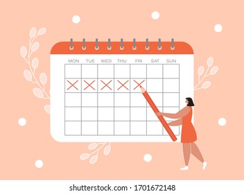 Woman marks the dates of menstruation cycle in the calendar. Concept of an online app for tracking periods, ovulation. Flat vector illustration with a female character 