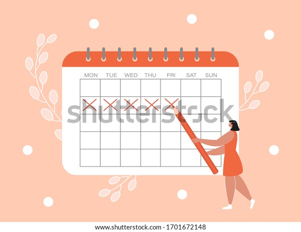 Woman marks the\
dates of menstruation cycle in the calendar. Concept of an online\
app for tracking periods, ovulation. Flat vector illustration with\
a female character 
