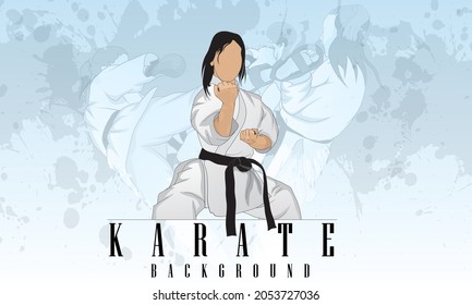 A woman in a martial arts karate fighting pose. Abstract background. Logo.