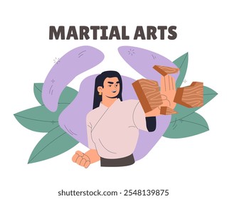 Mujer con artes marciales. Una niña rompe ladrillos con la mano. Artes marciales y artes marciales tradicionales asiáticas. Karate y Tae Kwon Do. Ilustración vectorial plana aislada sobre fondo blanco