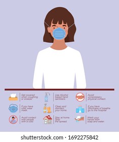 Woman with mask of 2019 ncov virus prevention typs design of Covid 19 cov coronavirus infection corona epidemic disease symptoms and medical theme Vector illustration