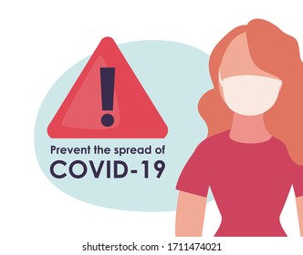 Woman with mask alarm and Covid 19 virus design of 2019 ncov cov coronavirus infection corona epidemic disease symptoms and medical theme Vector illustration