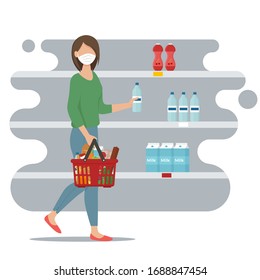 Woman in mask with basket of groceries in supermarket with empty shelves. Coronavirus covid-19, panic concept. Vector illustration in flat style