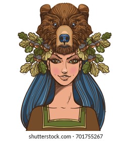 Woman with a mask of a bear. Beautiful girl in a hat in the form of a bear's head. Illustration for tattoos and dazain clothes, posters, fashion shows.