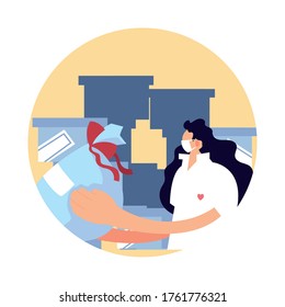woman with mask and box donations vector illustration desing