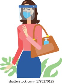 Woman with mask carry Hand Sanitizer on her bag - Vector