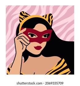 Woman in mask and cat costume, with tiger ears. Fashion magazine cover designs. Close up portrait. Tiger stripes pattern. Vector hand drawn illustration.