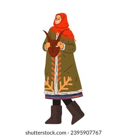 Woman with mask celebrating Christmas or new year festive. Vector image for traditional winter holiday celebration. Slav or slavic female at Xmas or koliada, koleda. December festive. Wintertime sign