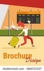 Woman in mask celebrating travel ban cancel. Passenger running in airport flat vector illustration. Late for boarding, virus and travel concept for banner, website design or landing web page