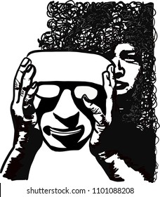 Woman with mask in the dark on white background.
