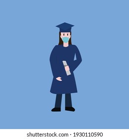 woman with mask and diploma in her hands at graduation with blue background
