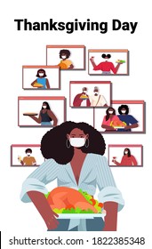 woman in mask discussing with family during video call people celebrating happy thanksgiving day online communication self isolation concept vertical portrait vector illustration