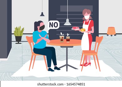 woman in mask doing cross arms say no to waitress with meat and burger to prevent coronavirus epidemic MERS-CoV virus wuhan 2019-nCoV health risk concept restaurant interior full length horizontal