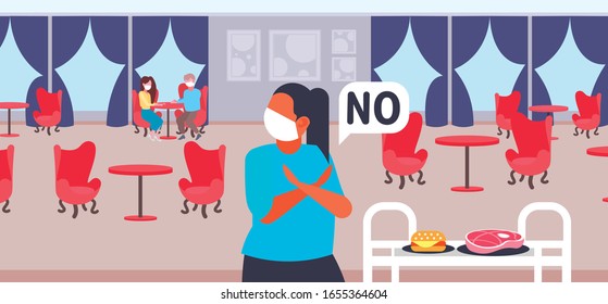 woman in mask doing cross arms say no to meat and burger to prevent coronavirus epidemic MERS-CoV virus wuhan 2019-nCoV pandemic health risk concept restaurant interior portrait horizontal vector