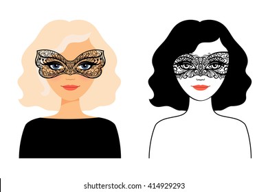 Woman in mask. Face of young woman in lace mask vector illustration
