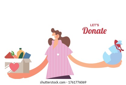 woman with mask and food to donation vector illustration desing
