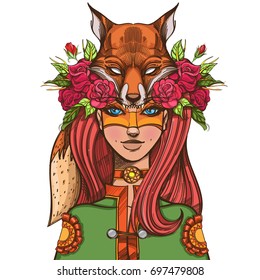 Woman with a mask of a fox. Beautiful girl in a hat in the form of a fox head. Illustration for tattoos and dazain clothes, posters, fashion shows.