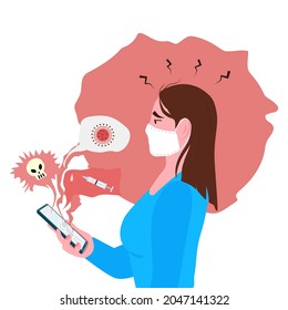 A woman in mask gets bad news on her smartphone about a virus, a death, vaccinations. Woman looks at mobile phone with fear and anxiety. Social media concept.Vector illustration