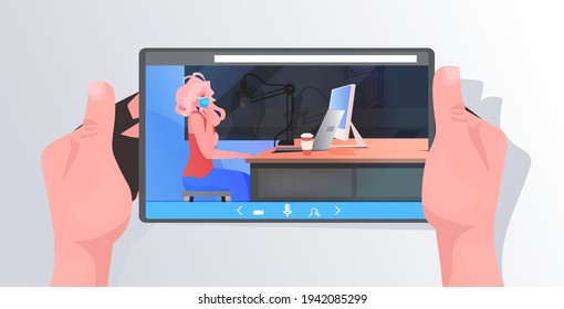 woman in mask giving online speech on tablet screen coronavirus pandemic fight against covid-19 concept