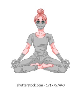 Woman in mask and gloves, coronavirus protection, mediating in lotus pose. Vector illustration