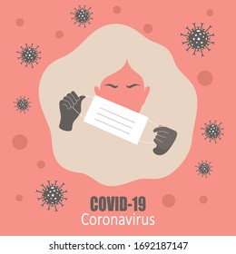 woman with mask and gloves on the background of coronavirus
