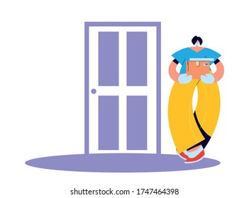 woman with mask, gloves, parcel to deliver at door vector illustration desing