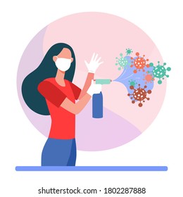 Woman in mask and gloves using sanitizer. Spread, cloud, virus flat vector illustration. Pandemic, covid, hygiene, disinfection concept for banner, website design or landing web page