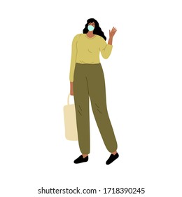 Woman in mask greeting friend from distance on street